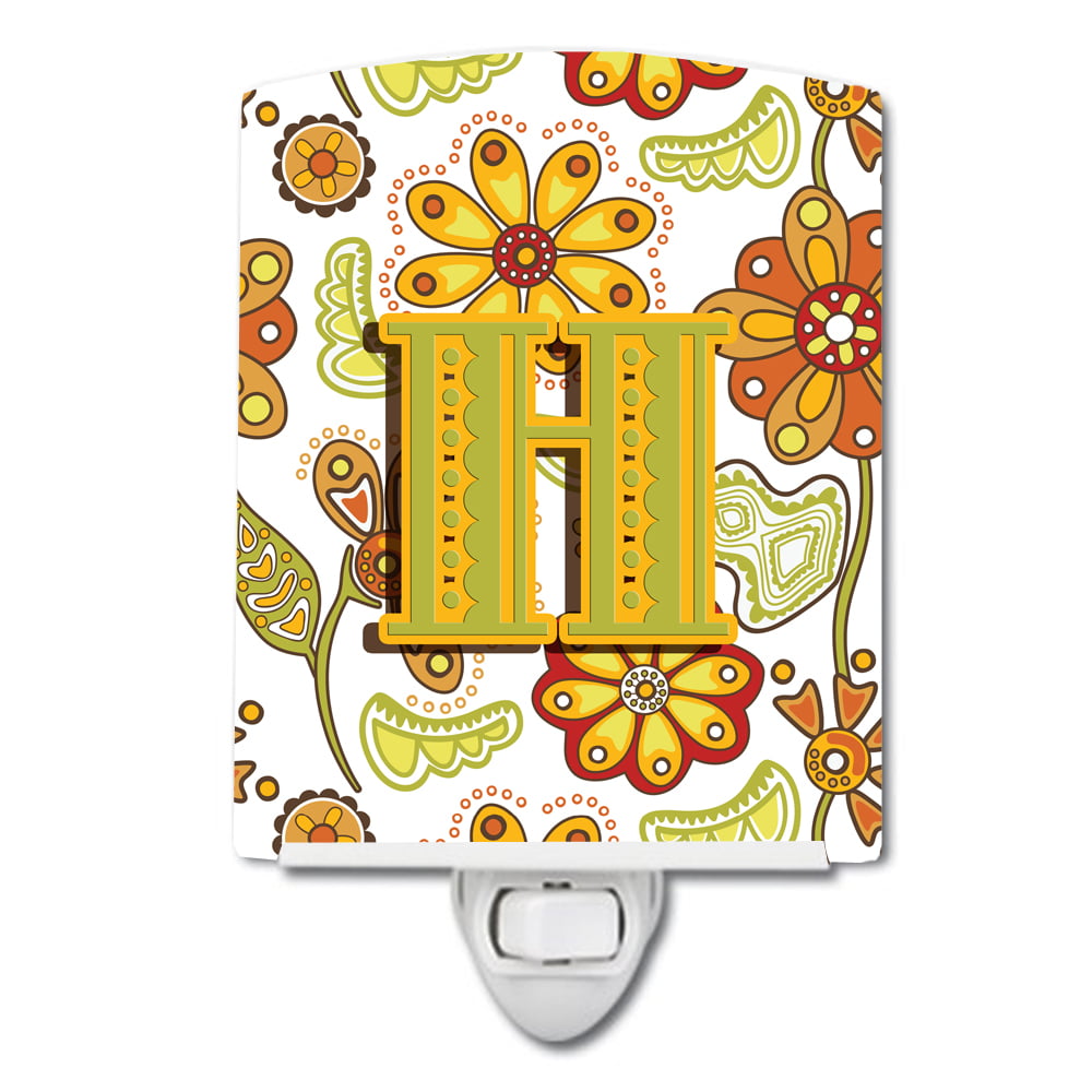 Letter H Floral Mustard & Green Ceramic Night Light