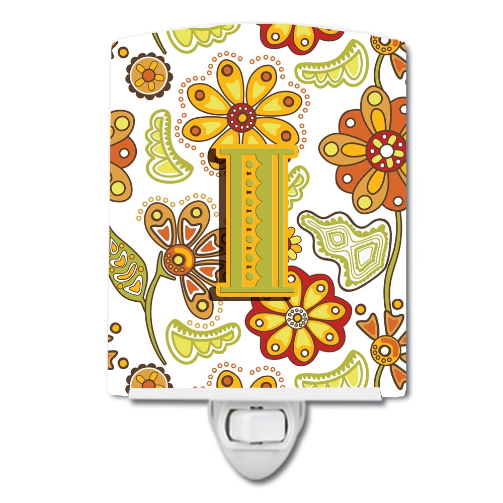 Letter I Floral Mustard & Green Ceramic Night Light