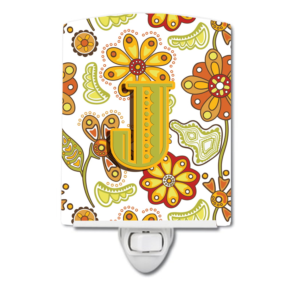 Letter J Floral Mustard & Green Ceramic Night Light