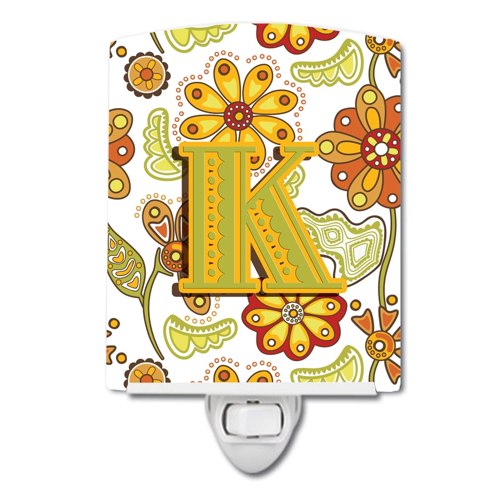 Letter K Floral Mustard & Green Ceramic Night Light