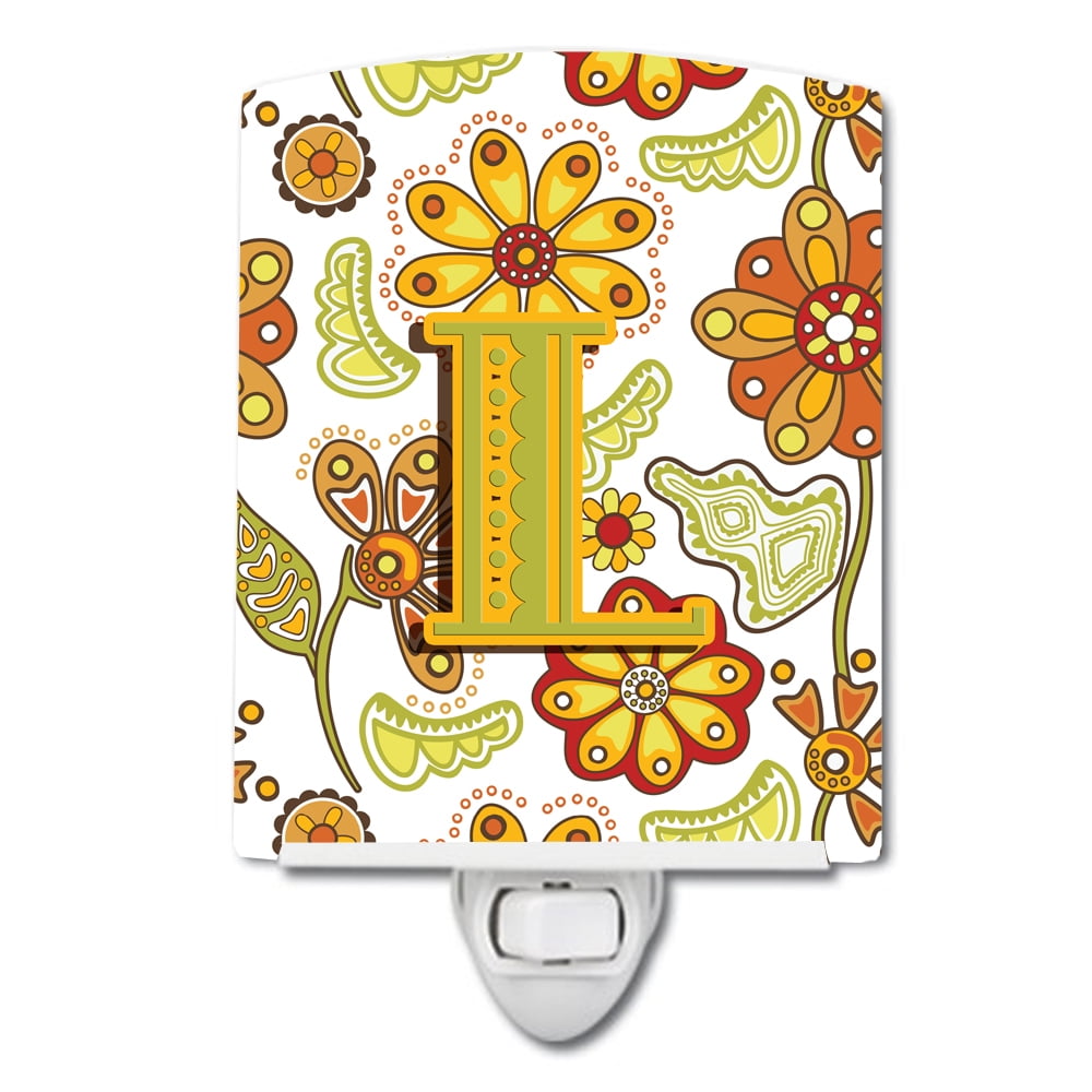Letter L Floral Mustard & Green Ceramic Night Light