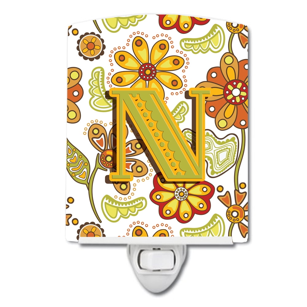 Letter N Floral Mustard & Green Ceramic Night Light