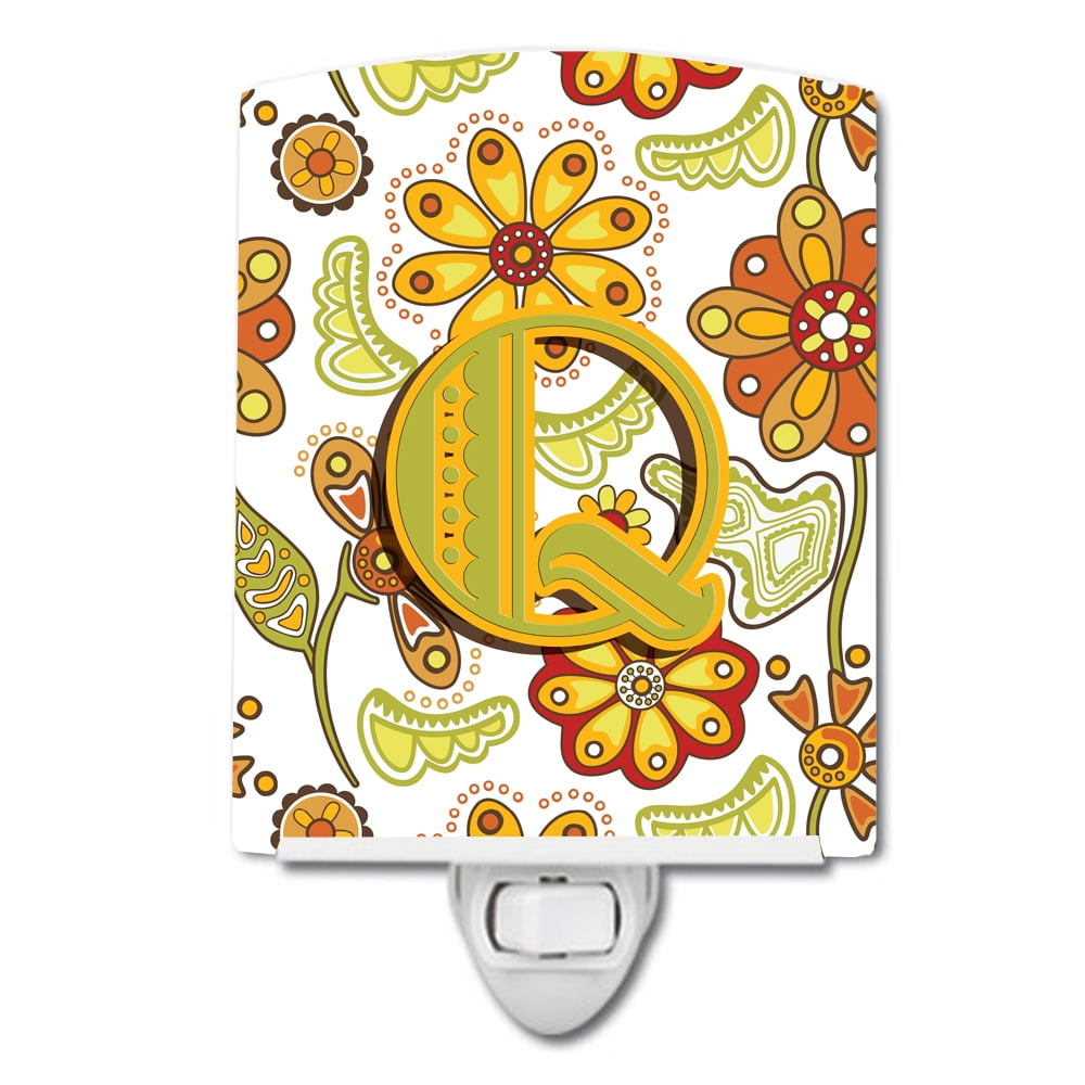 Letter Q Floral Mustard & Green Ceramic Night Light