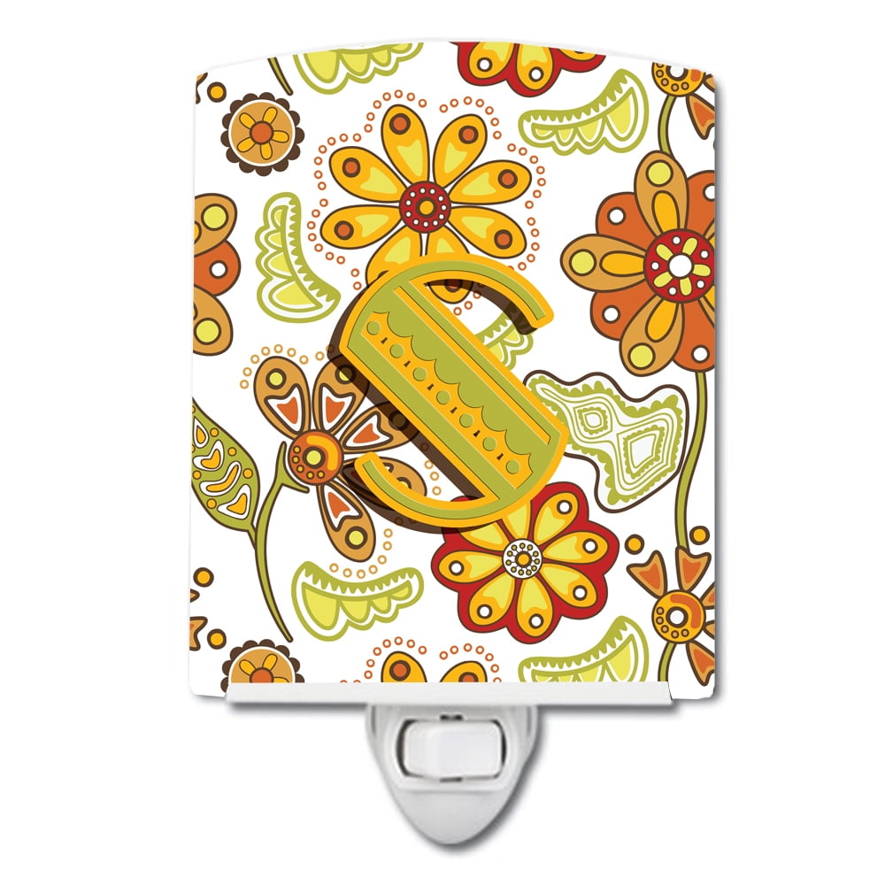 Letter S Floral Mustard & Green Ceramic Night Light