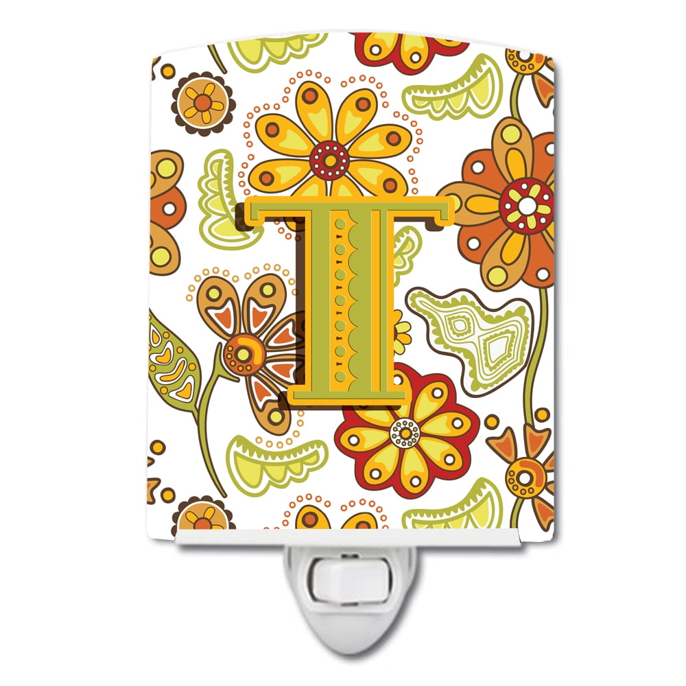 Letter T Floral Mustard & Green Ceramic Night Light