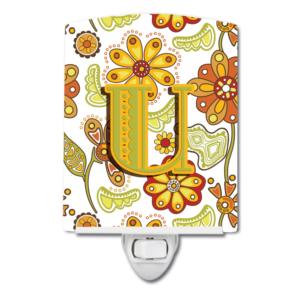 Letter U Floral Mustard & Green Ceramic Night Light