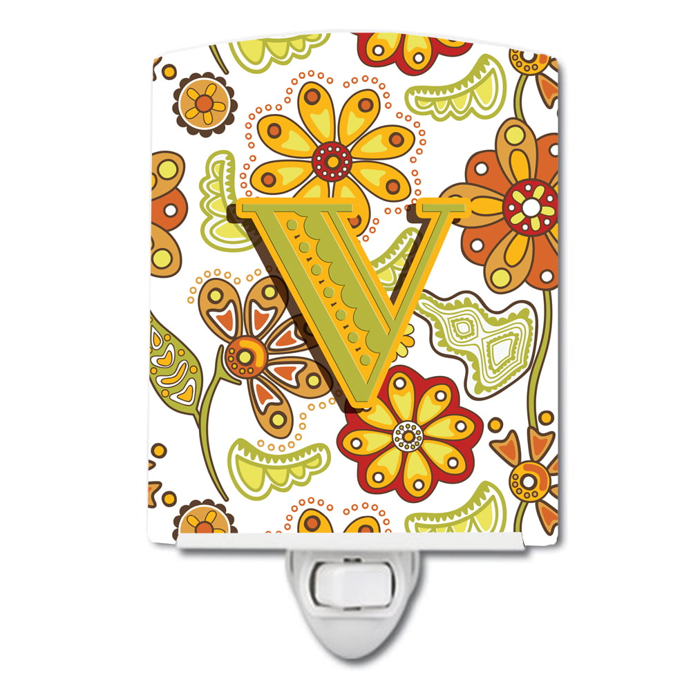 Letter V Floral Mustard & Green Ceramic Night Light
