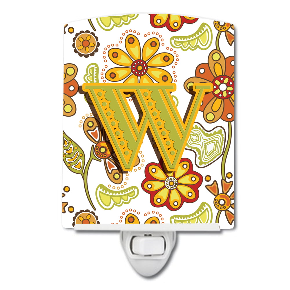 Letter W Floral Mustard & Green Ceramic Night Light