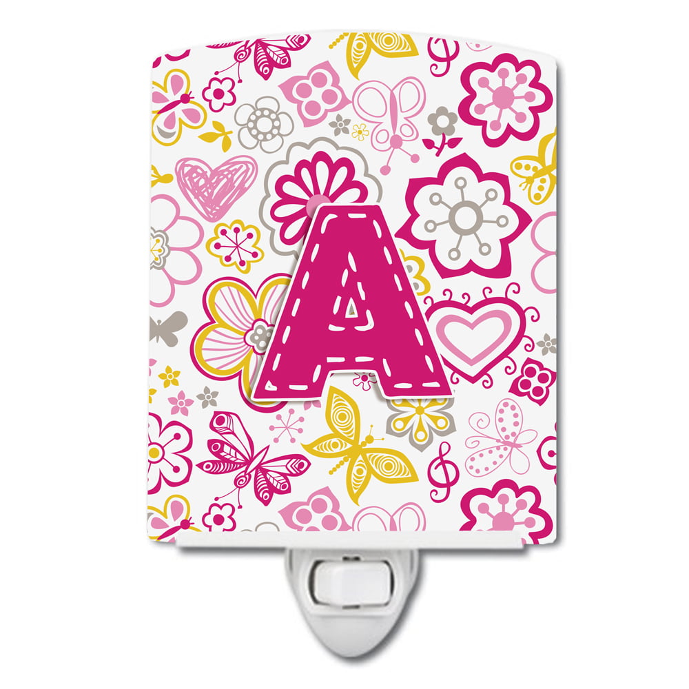 Letter A Flowers & Butterflies Pink Ceramic Night Light