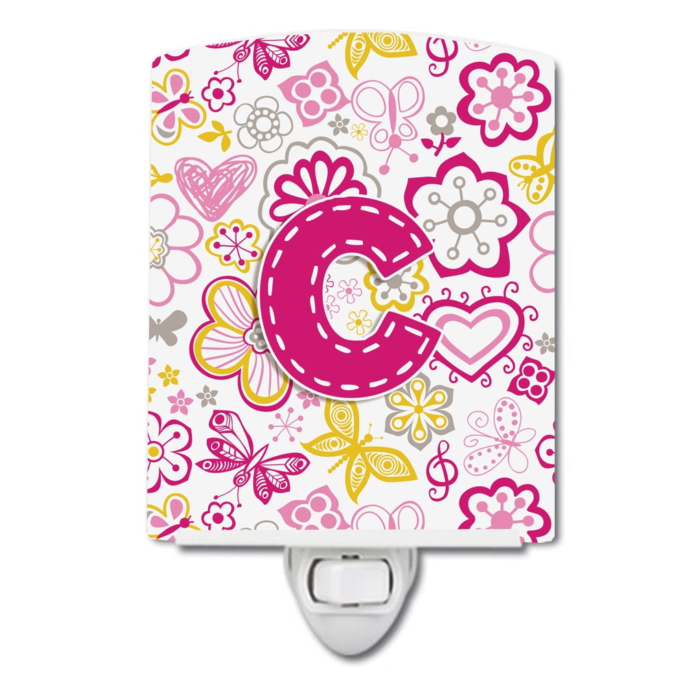 Letter C Flowers & Butterflies Pink Ceramic Night Light
