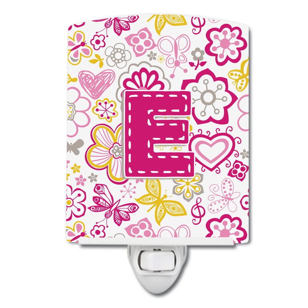 Letter E Flowers & Butterflies Pink Ceramic Night Light