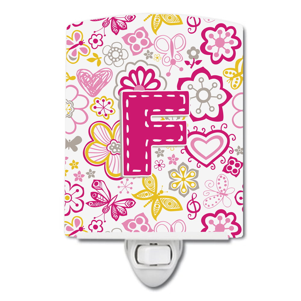 Letter F Flowers & Butterflies Pink Ceramic Night Light