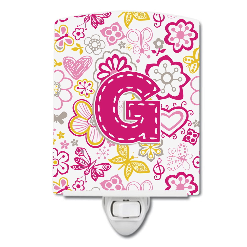 Letter G Flowers & Butterflies Pink Ceramic Night Light