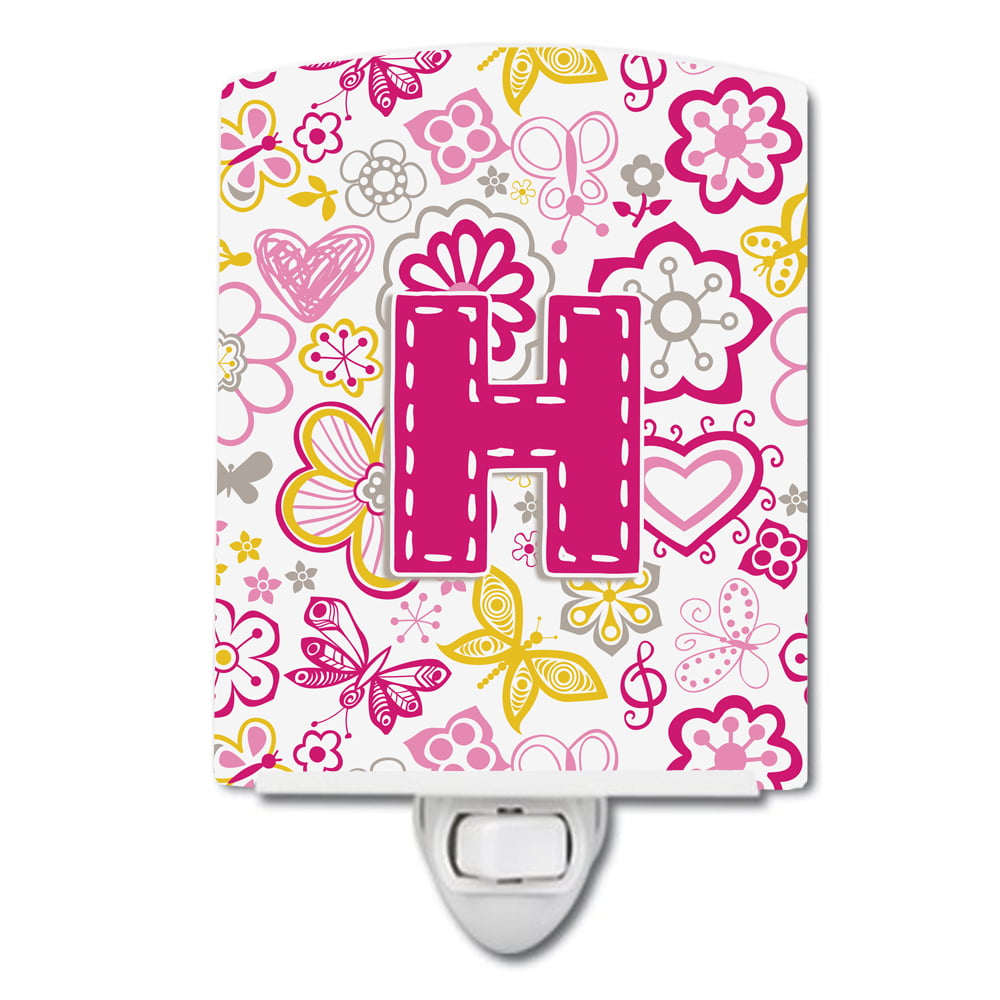 Letter H Flowers & Butterflies Pink Ceramic Night Light