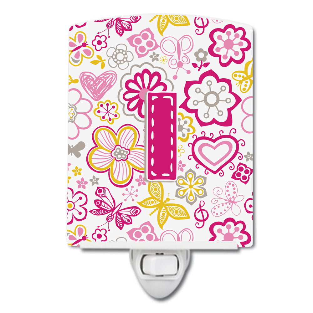 Letter I Flowers & Butterflies Pink Ceramic Night Light