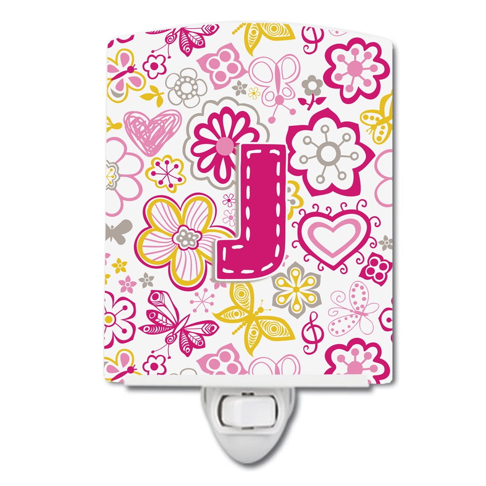 Letter J Flowers & Butterflies Pink Ceramic Night Light