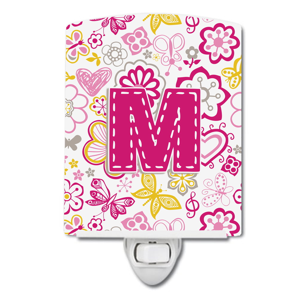 Letter M Flowers & Butterflies Pink Ceramic Night Light