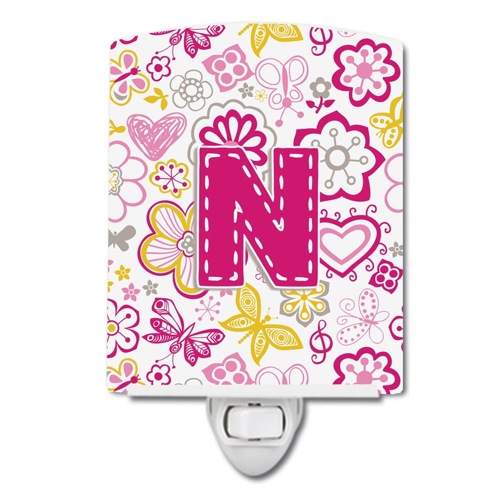 Letter N Flowers & Butterflies Pink Ceramic Night Light