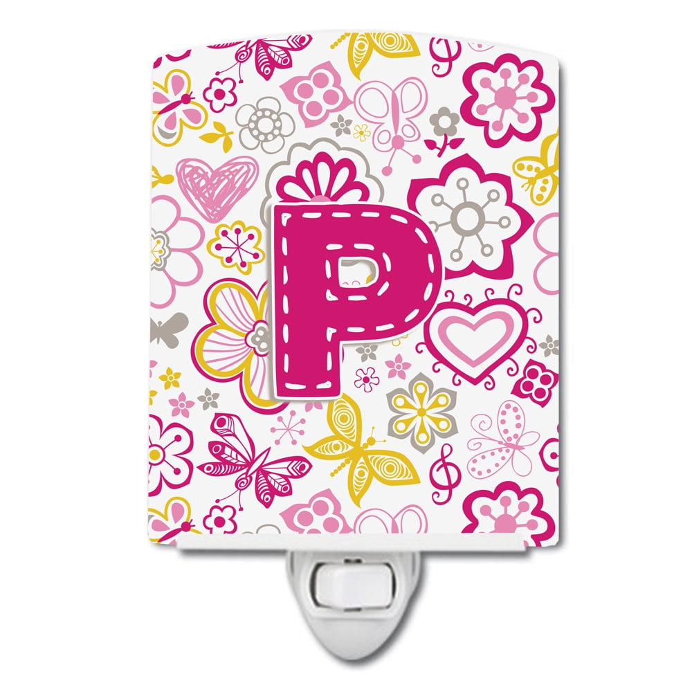 Letter P Flowers & Butterflies Pink Ceramic Night Light