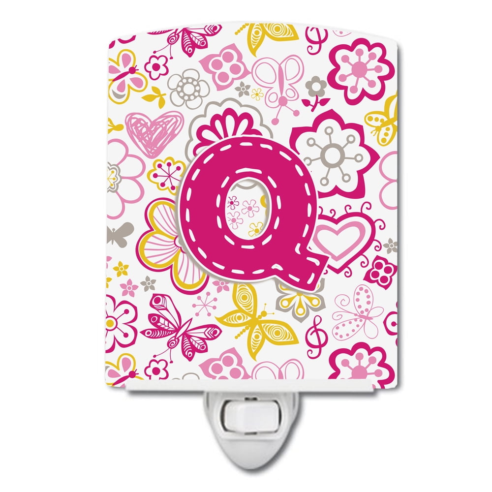 Letter Q Flowers & Butterflies Pink Ceramic Night Light