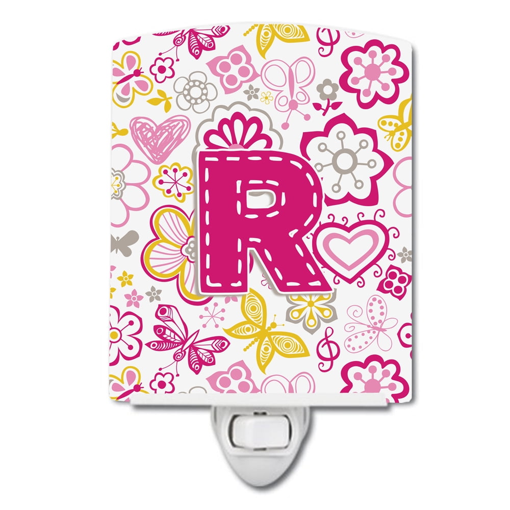 Letter R Flowers & Butterflies Pink Ceramic Night Light