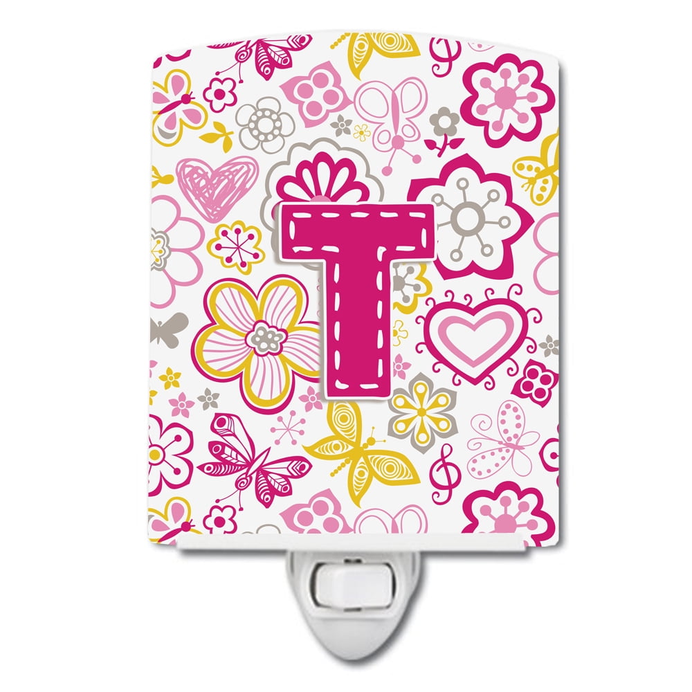 Letter T Flowers & Butterflies Pink Ceramic Night Light
