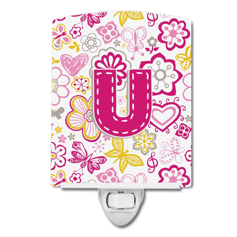 Letter U Flowers & Butterflies Pink Ceramic Night Light