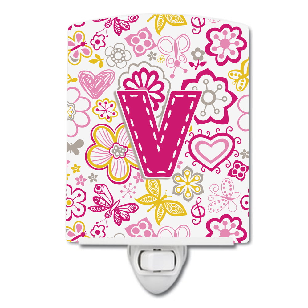 Letter V Flowers & Butterflies Pink Ceramic Night Light