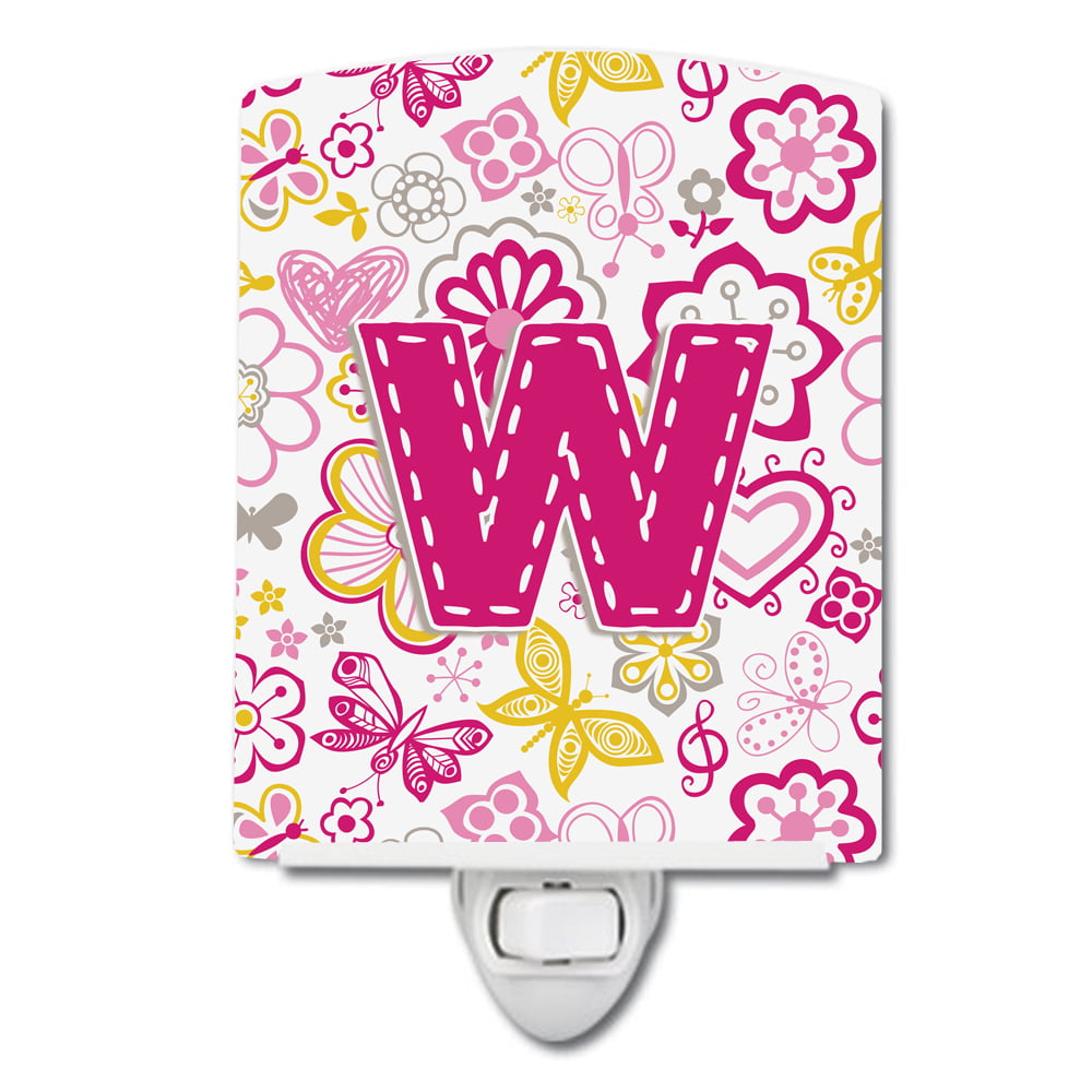 Letter W Flowers & Butterflies Pink Ceramic Night Light