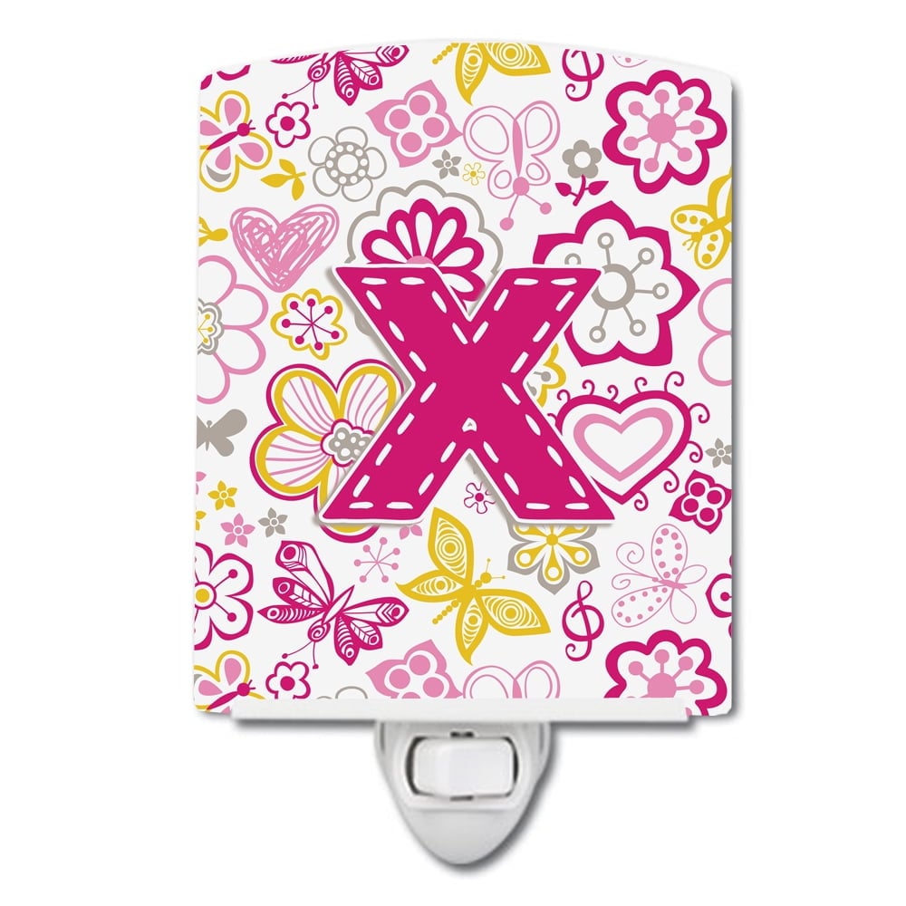 Letter X Flowers & Butterflies Pink Ceramic Night Light