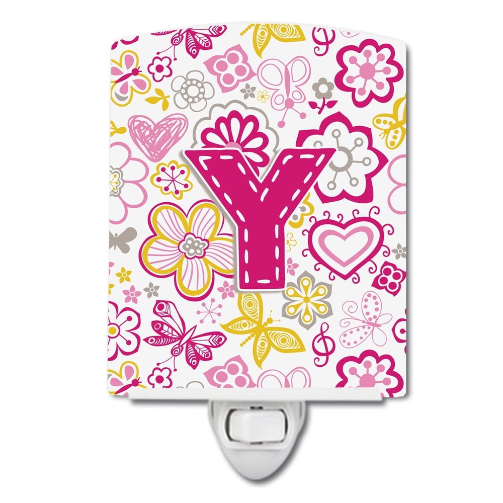 Letter Y Flowers & Butterflies Pink Ceramic Night Light