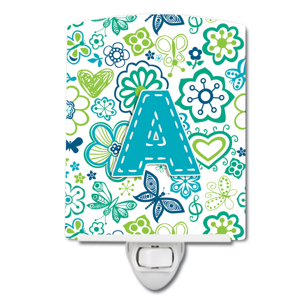 Letter A Flowers & Butterflies Teal & Blue Ceramic Night Light