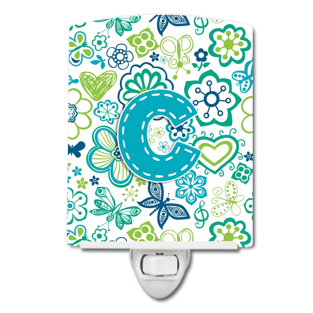 Letter C Flowers & Butterflies Teal & Blue Ceramic Night Light