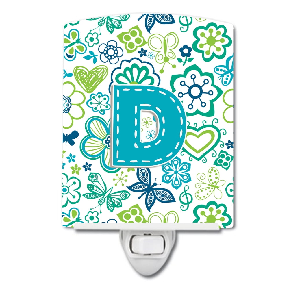 Letter D Flowers & Butterflies Teal & Blue Ceramic Night Light