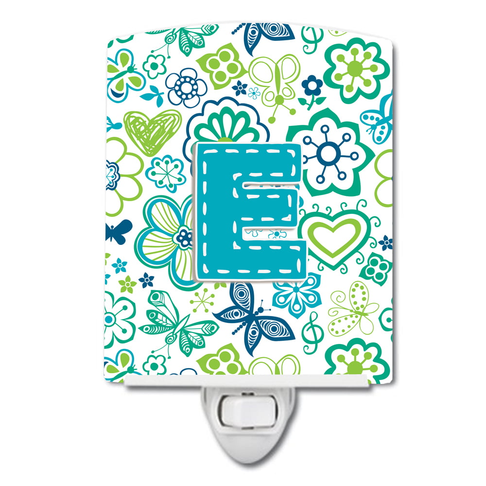 Letter E Flowers & Butterflies Teal & Blue Ceramic Night Light