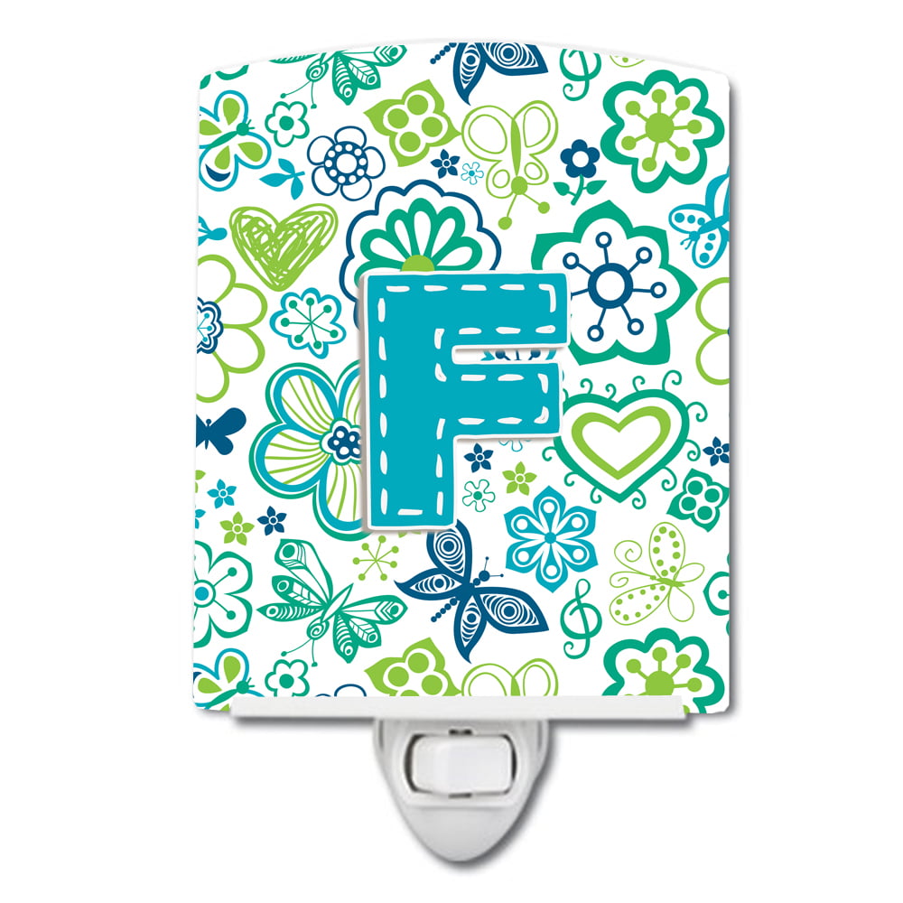 Letter F Flowers & Butterflies Teal & Blue Ceramic Night Light