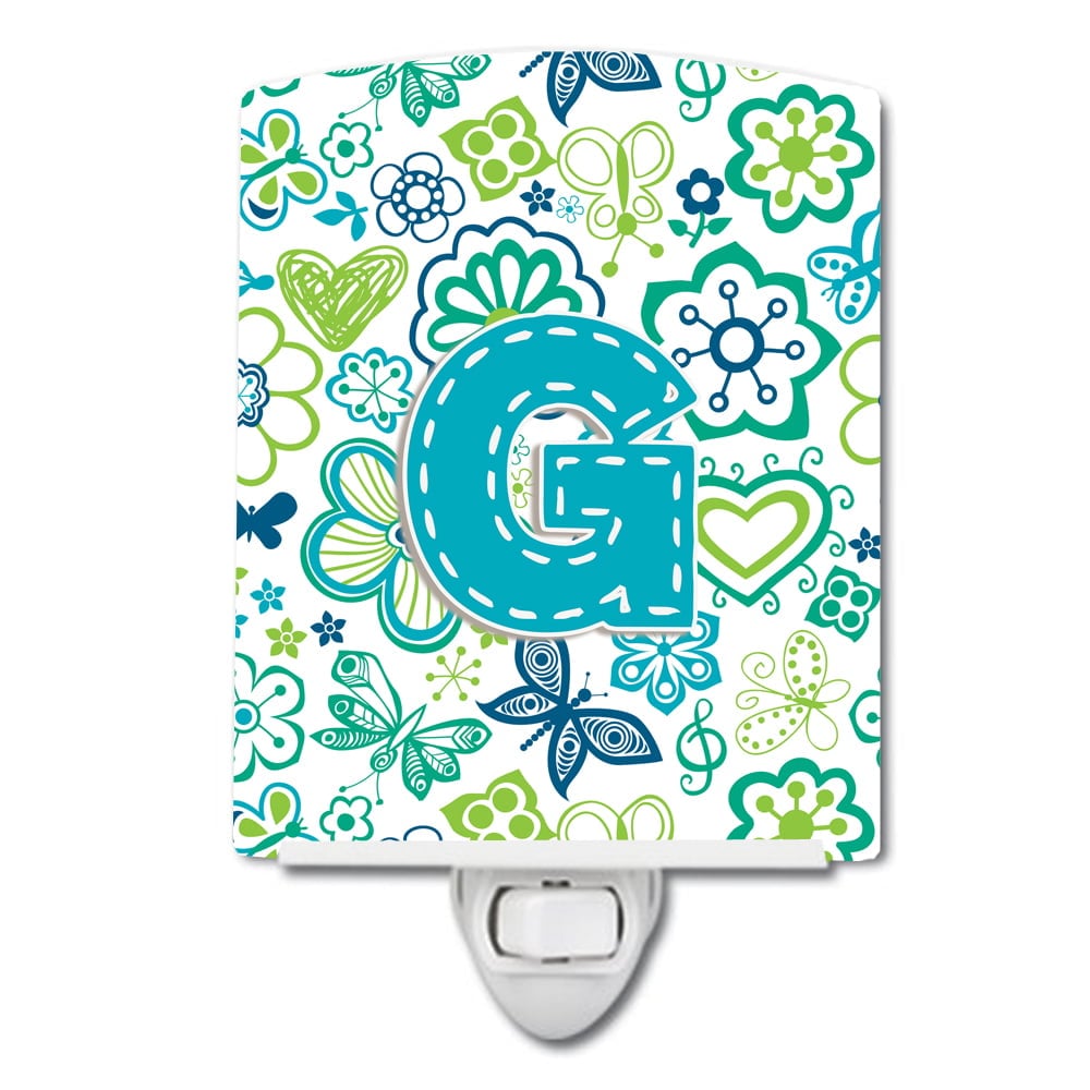 Letter G Flowers & Butterflies Teal & Blue Ceramic Night Light