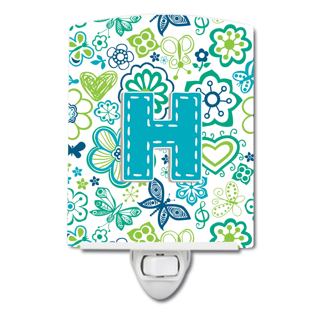 Letter H Flowers & Butterflies Teal & Blue Ceramic Night Light