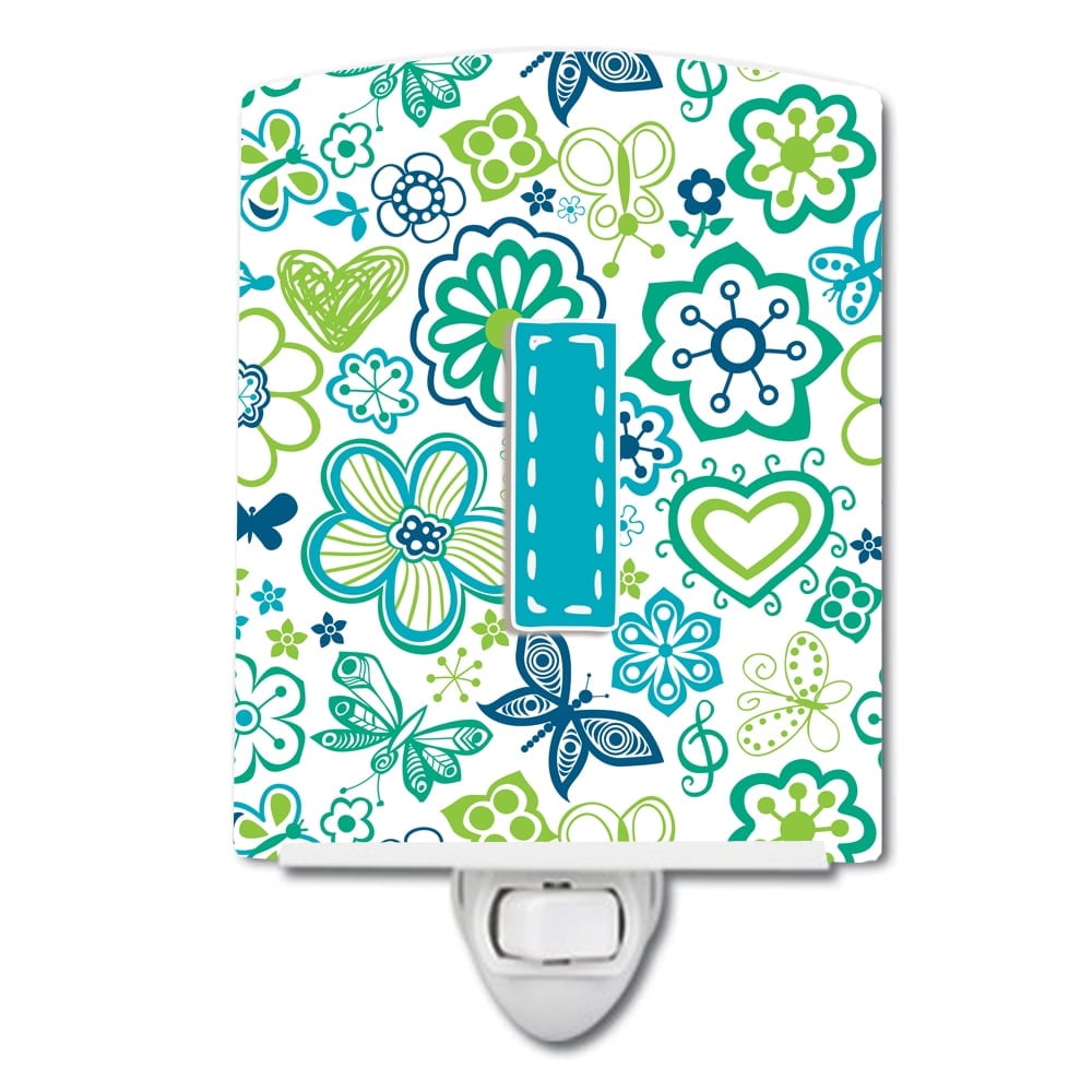 Letter I Flowers & Butterflies Teal & Blue Ceramic Night Light