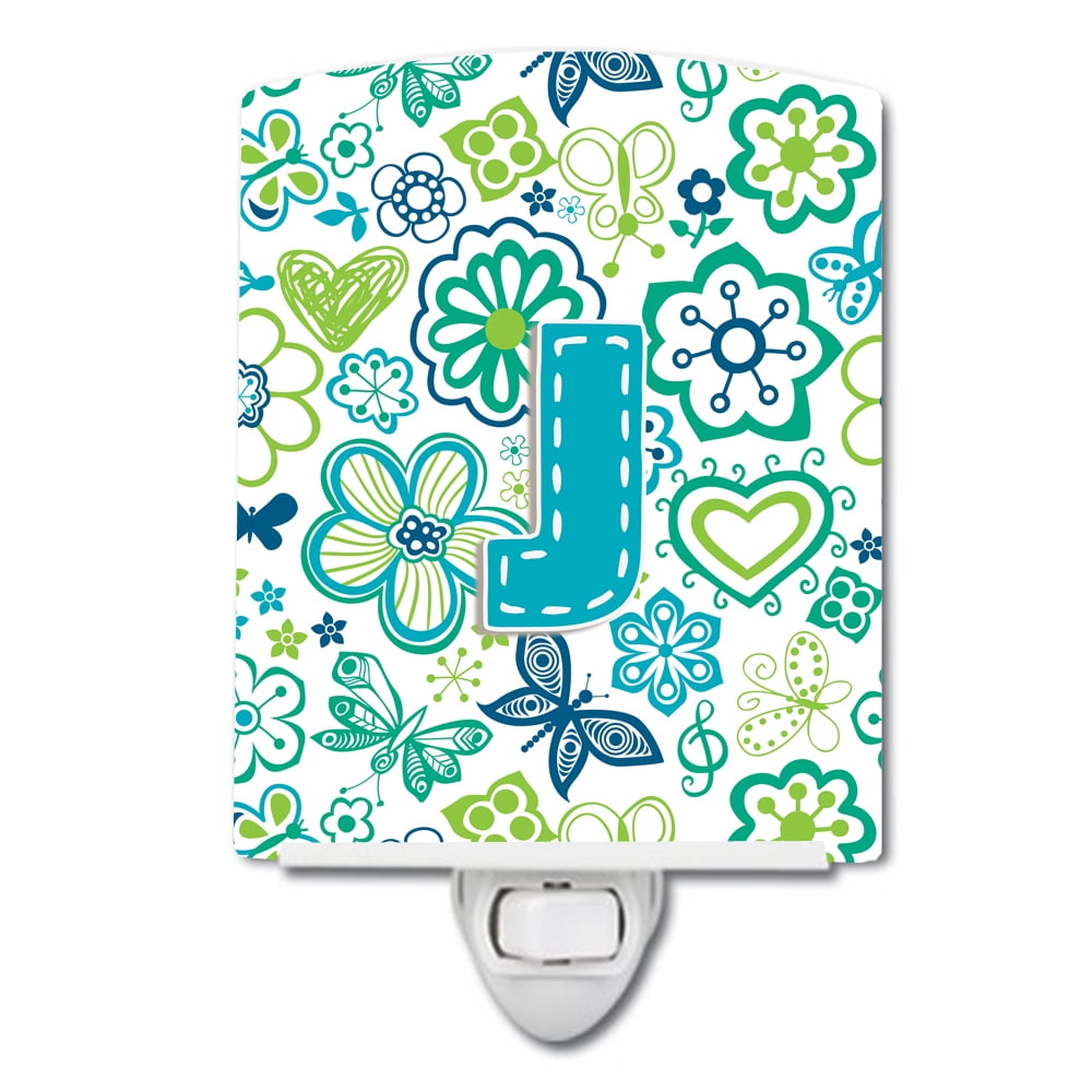 Letter J Flowers & Butterflies Teal & Blue Ceramic Night Light