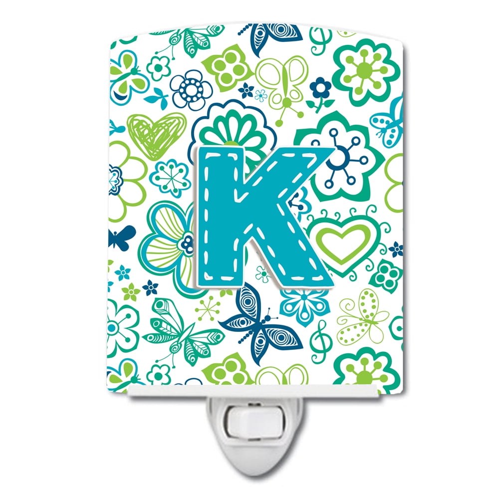 Letter K Flowers & Butterflies Teal & Blue Ceramic Night Light