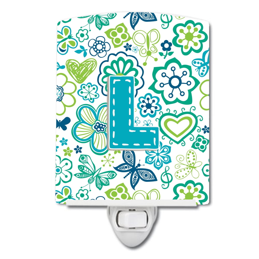 Letter L Flowers & Butterflies Teal & Blue Ceramic Night Light