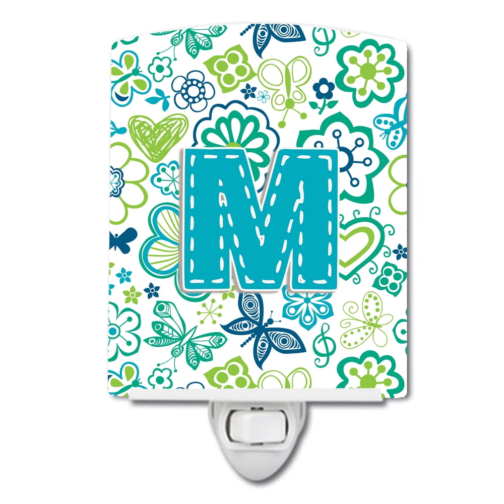 Letter M Flowers & Butterflies Teal & Blue Ceramic Night Light