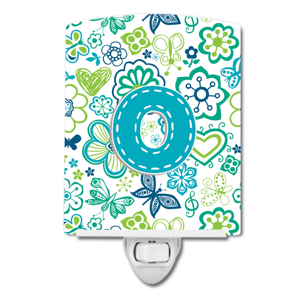 Letter O Flowers & Butterflies Teal & Blue Ceramic Night Light