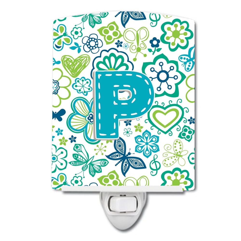 CJ2006-PCNL Letter P Flowers & Butterflies Teal & Blue Ceramic Night Light