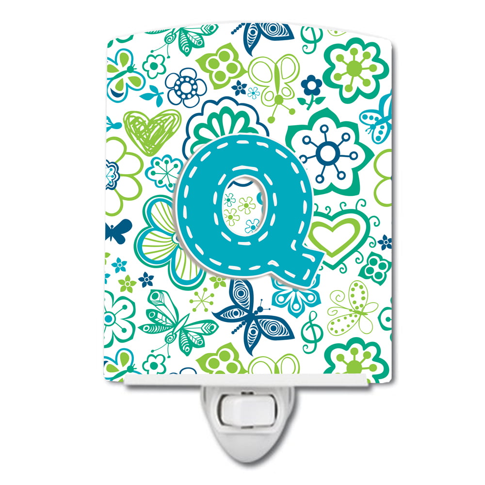 Letter Q Flowers & Butterflies Teal & Blue Ceramic Night Light