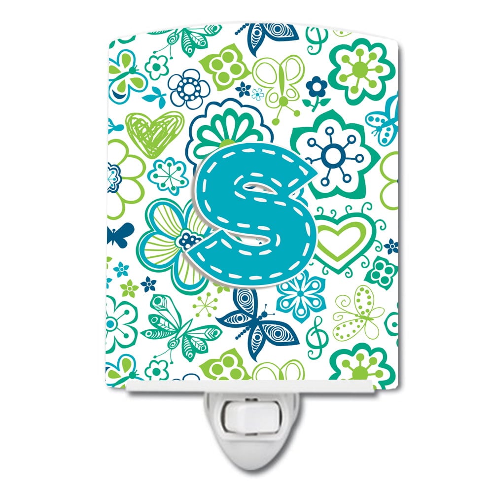 Letter S Flowers & Butterflies Teal & Blue Ceramic Night Light