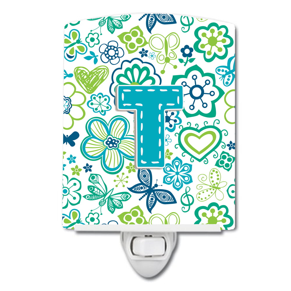 Letter T Flowers & Butterflies Teal & Blue Ceramic Night Light