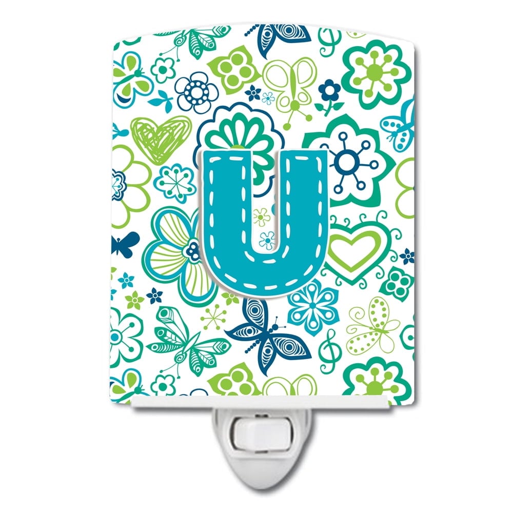 Letter U Flowers & Butterflies Teal & Blue Ceramic Night Light