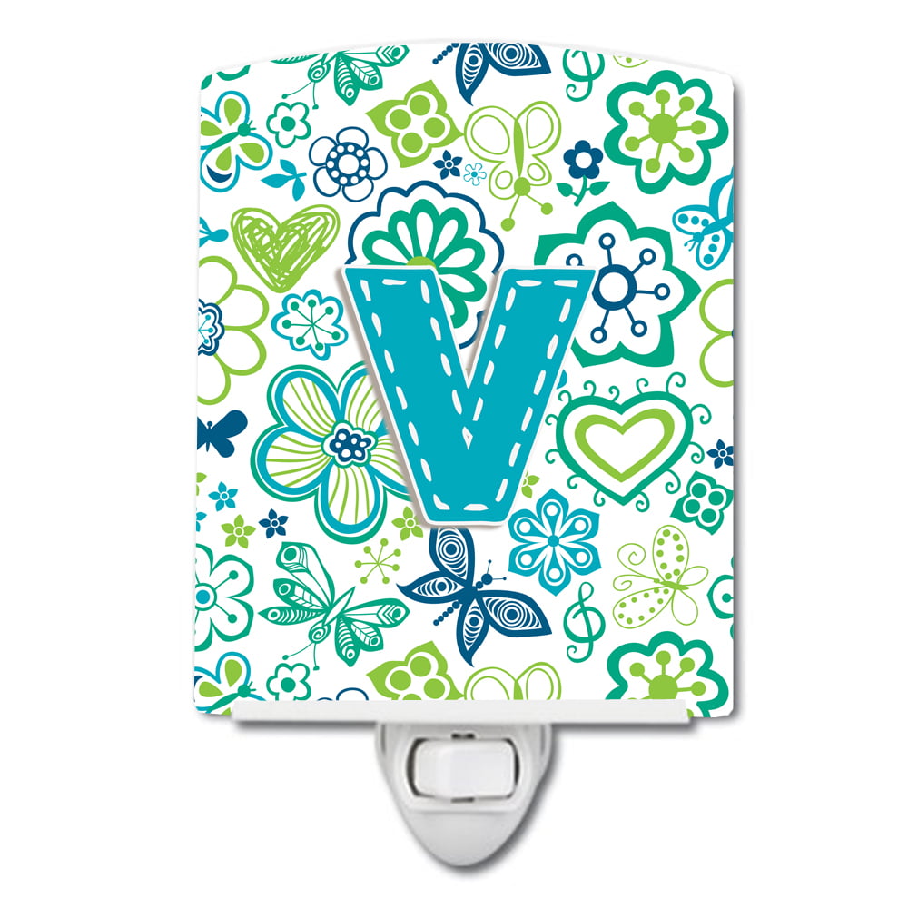 Letter V Flowers & Butterflies Teal & Blue Ceramic Night Light
